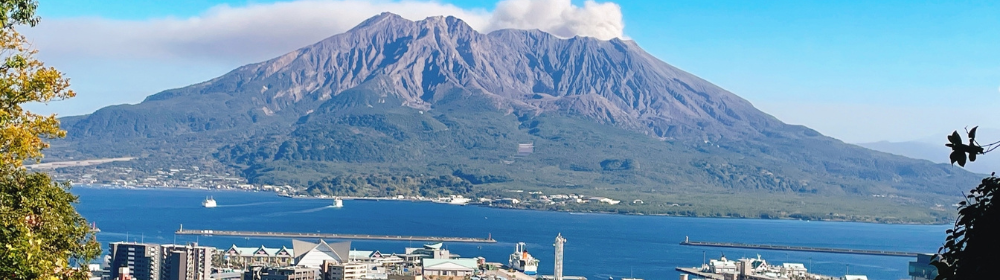 海越しに望む雄大な桜島と街並みの景色