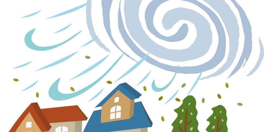 台風の強風が吹き荒れる中、家と木が風に揺れているイラスト