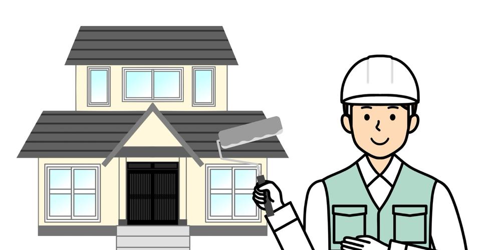 家の前で塗装ローラーを持った作業員のイラスト