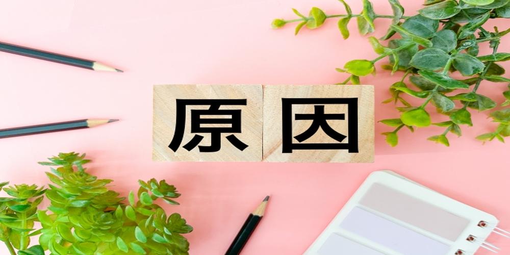 ピンクの背景に置かれた『原因』の木製ブロックと植物、文房具のイメージ