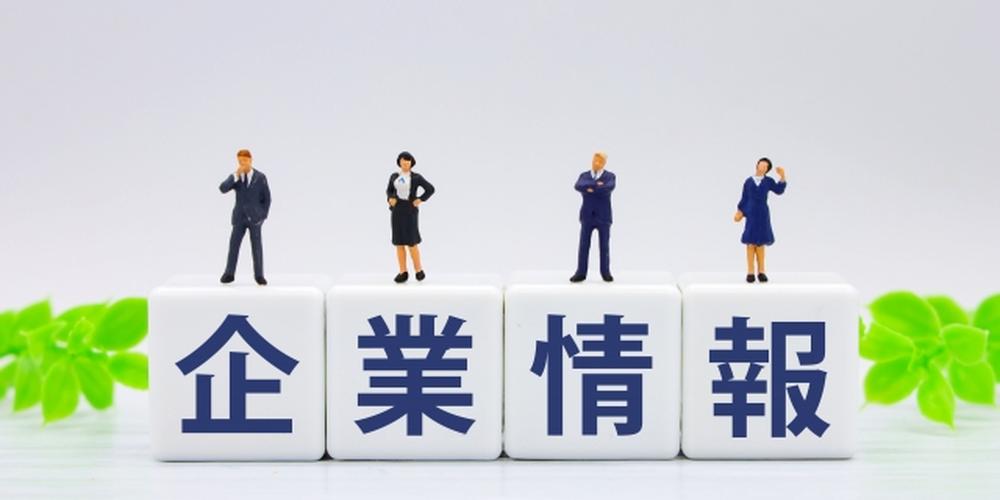 白いブロックに「企業情報」と書かれ、その上にスーツ姿の男女4人のフィギュア