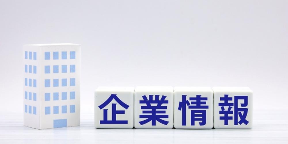 ビルの模型の隣に「企業情報」と書かれたキューブが並んでいるビジネスイメージ。