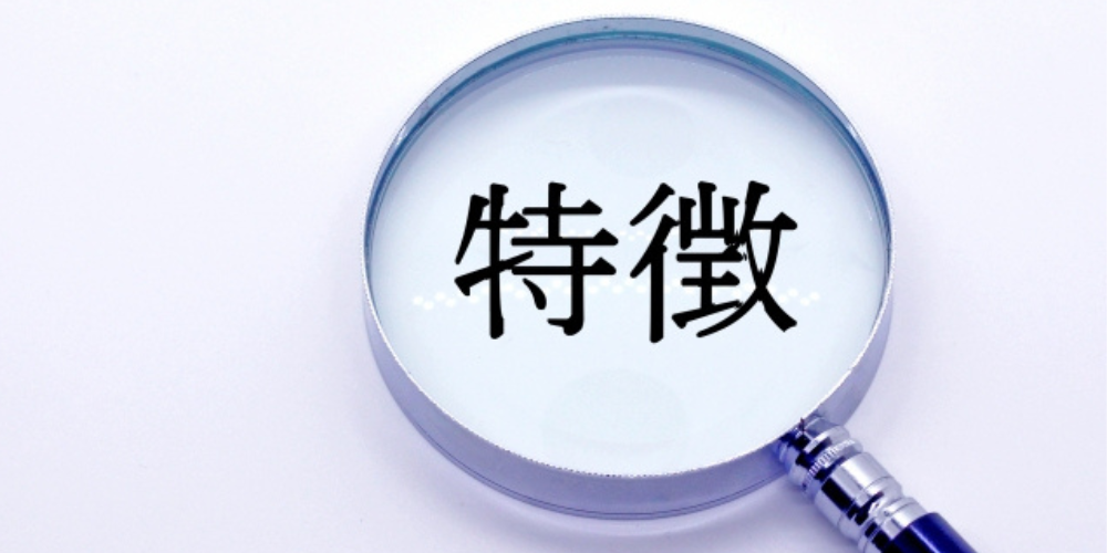 拡大鏡で強調された「特徴」という文字のクローズアップ