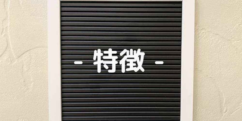 黒いボードに白文字で『特徴』