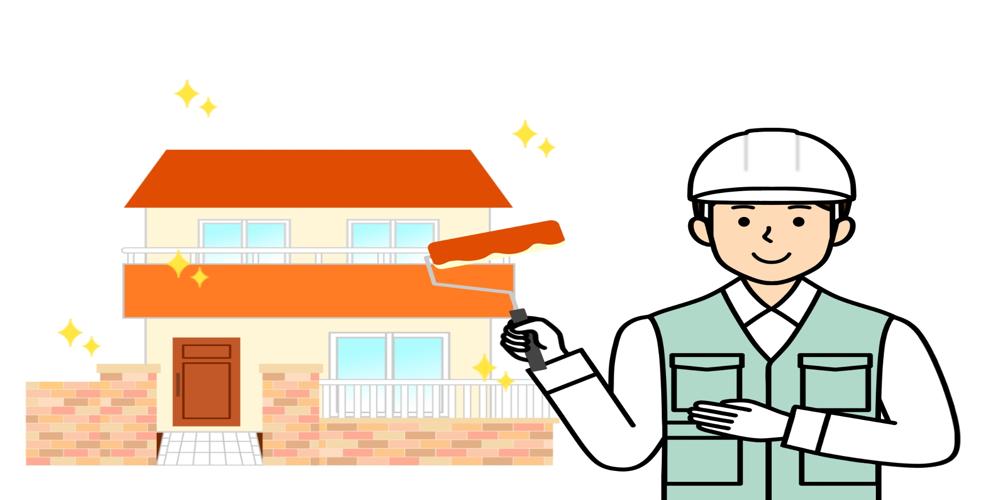 塗装ローラーを持った作業員と塗りたての住宅、外壁塗装の仕上がりと職人の丁寧な対応をイメージしたイラスト