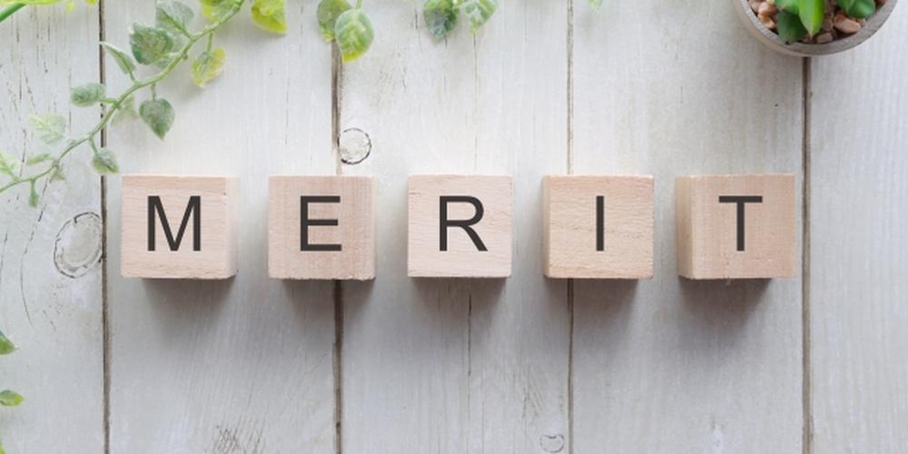 白い木目調の背景に「MERIT」