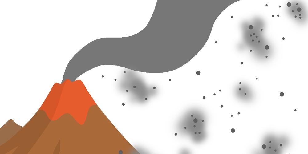 噴煙と火山灰を上げる噴火中の火山のイラスト