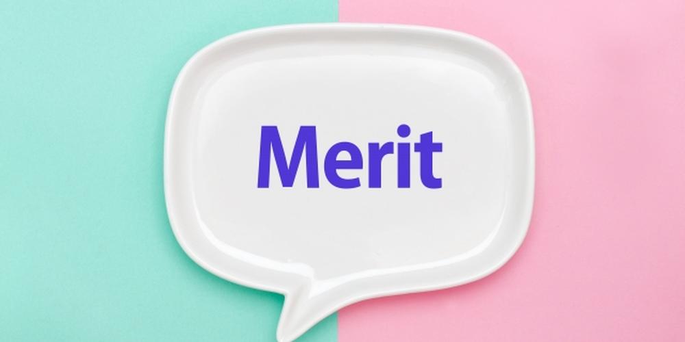 水色とピンクの背景に白い吹き出しがあり、中央に「Merit」と記載されている