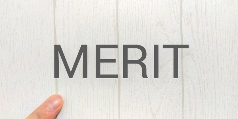 白い木目の背景に「MERIT」